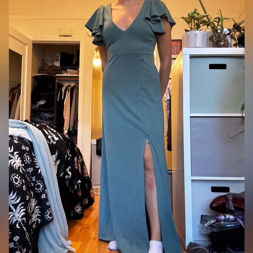 Birdy Grey Teal Maxi Dress with Ruffle Sleeves